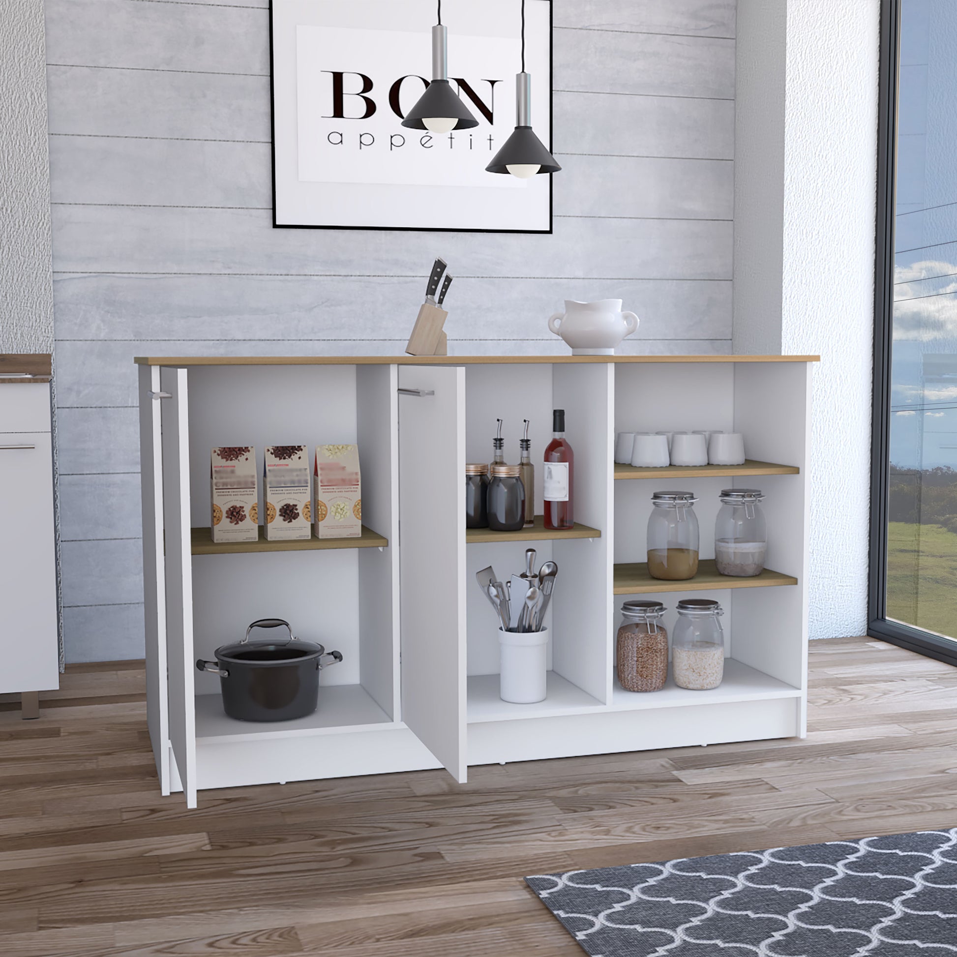 White modern kitchen sideboard with wood accents and glass jars for storage
