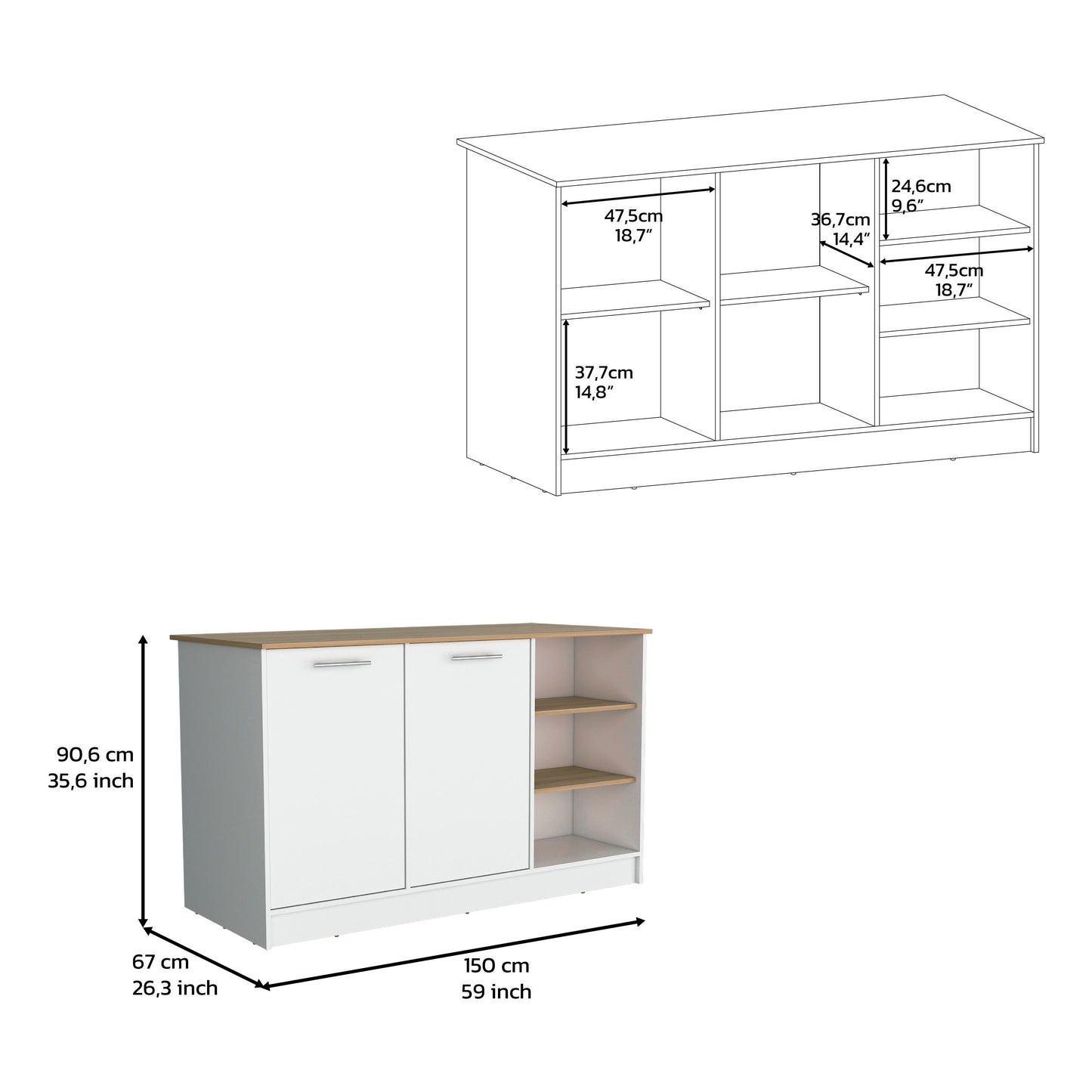 White and wood sideboard with two doors and open shelves