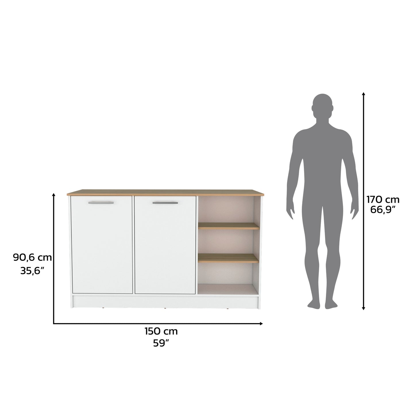 White and wood storage cabinet with two doors and open shelving