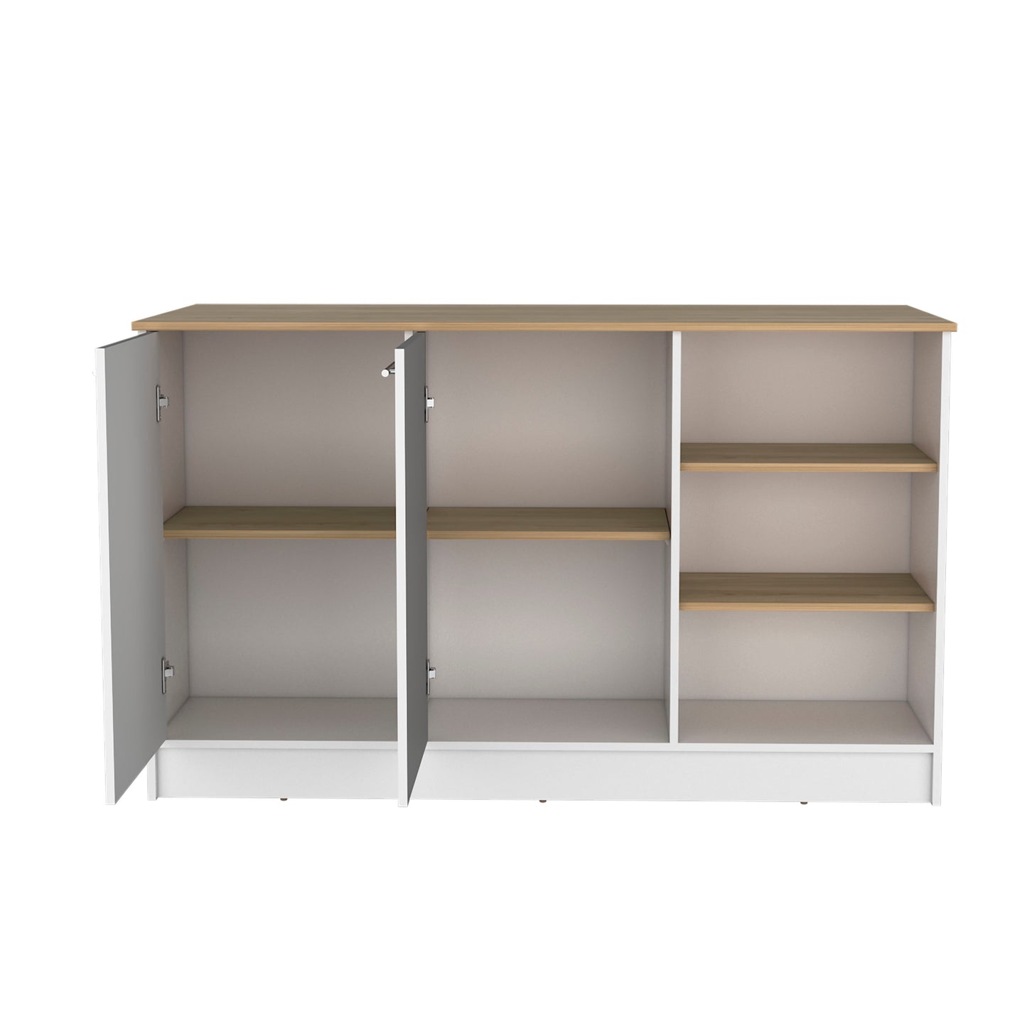 Open white sideboard with oak shelves and doors