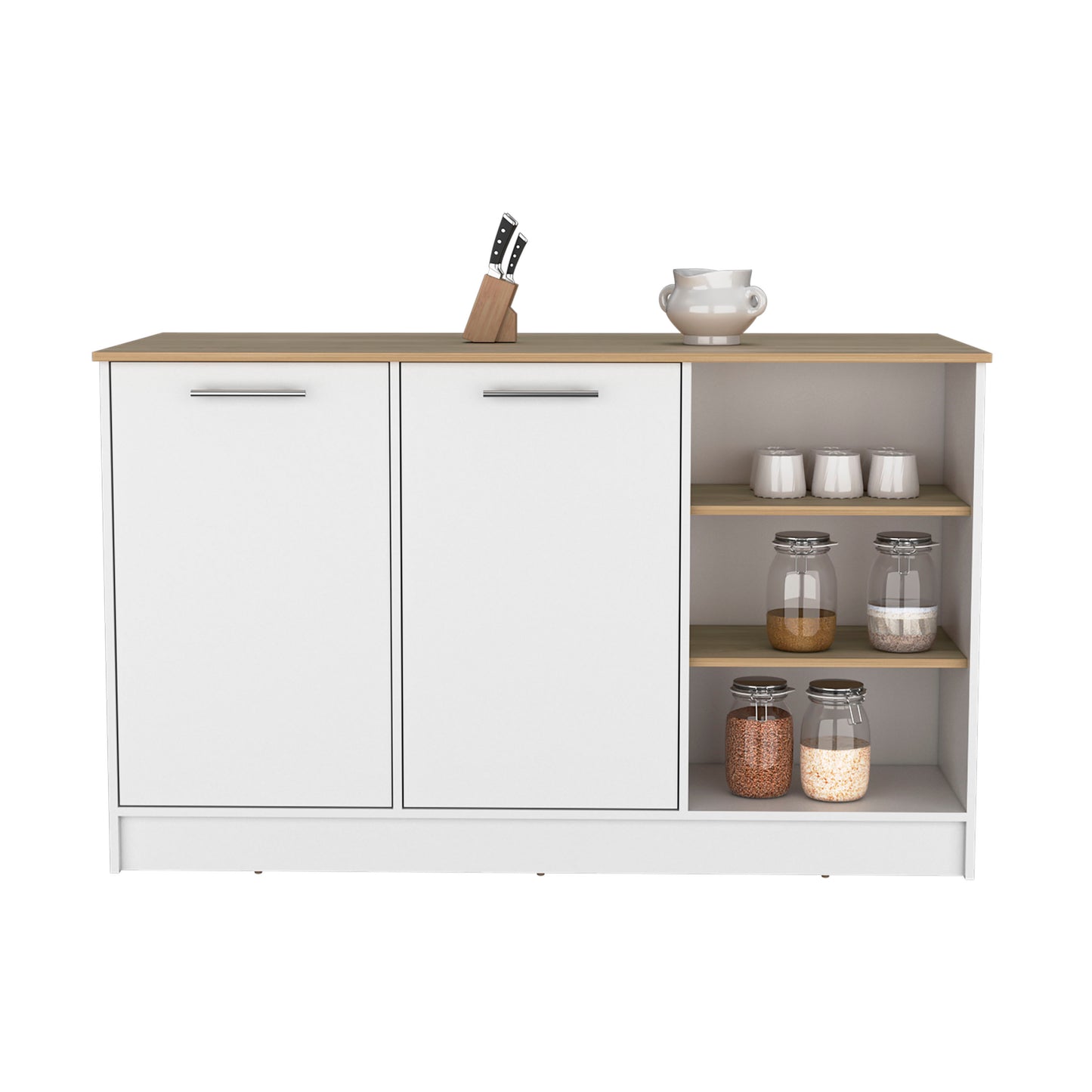 White and wood kitchen cabinet with two doors and open shelves