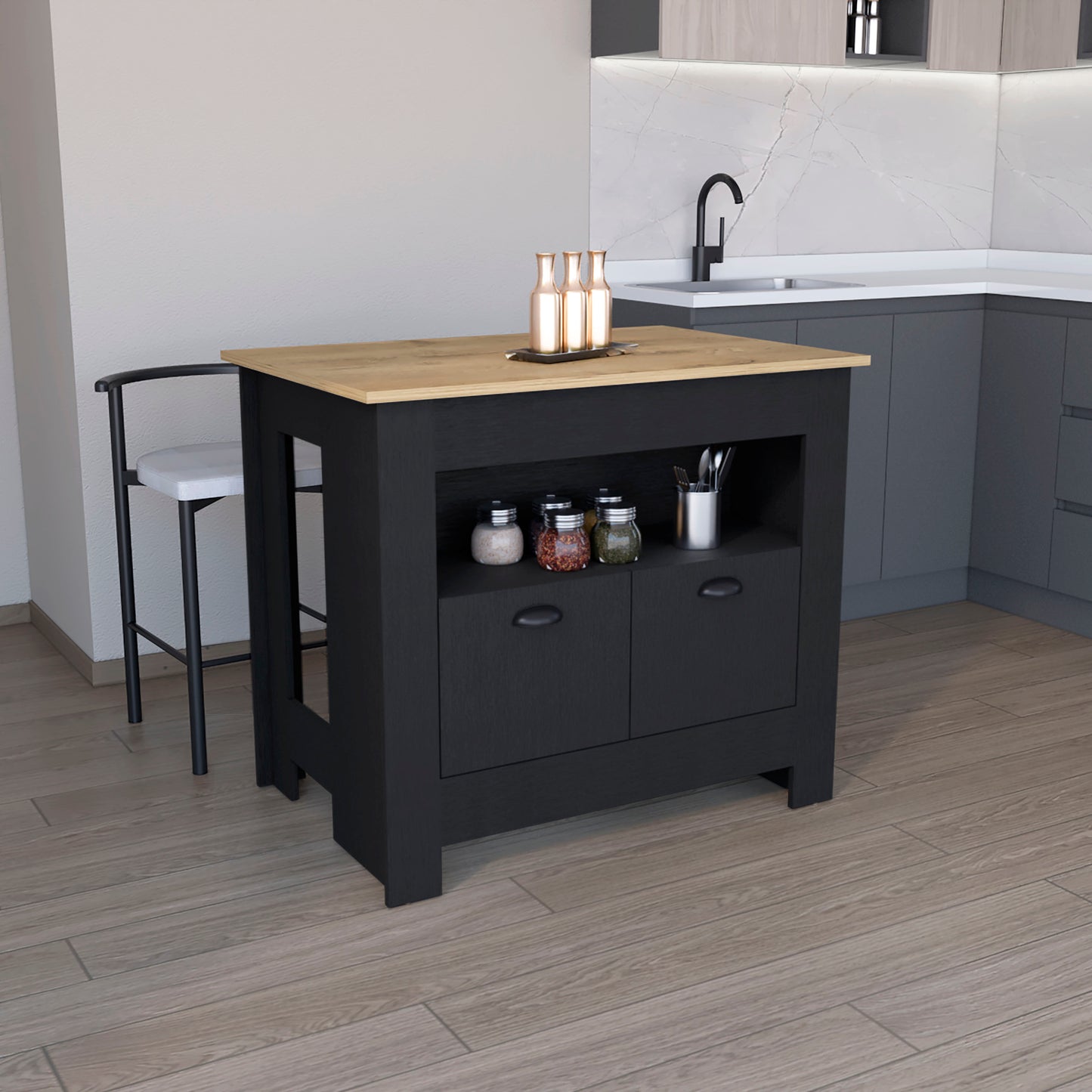 Black kitchen island with oak wood countertop and open shelving holding jars