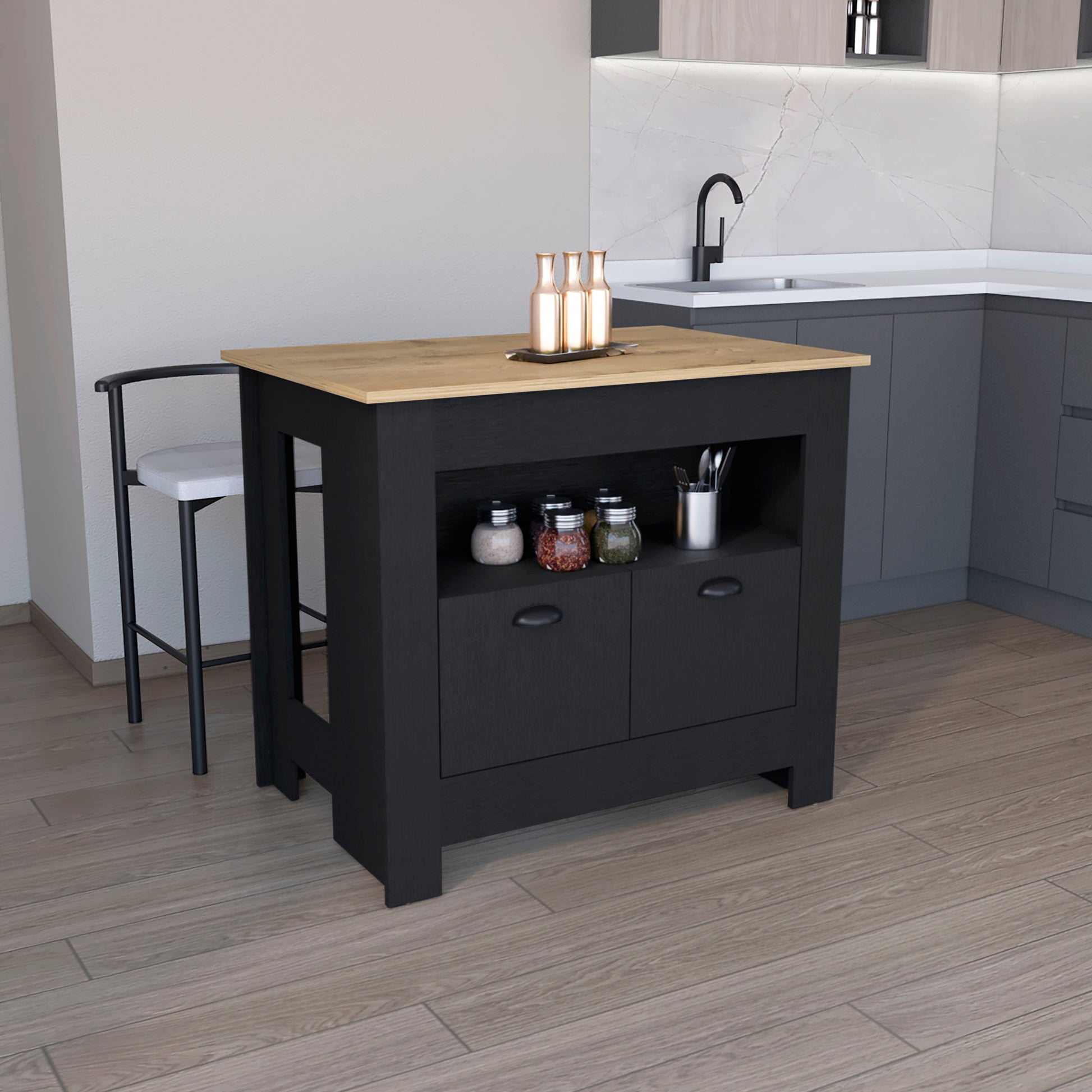 Black kitchen island with oak wood countertop and open shelving holding jars