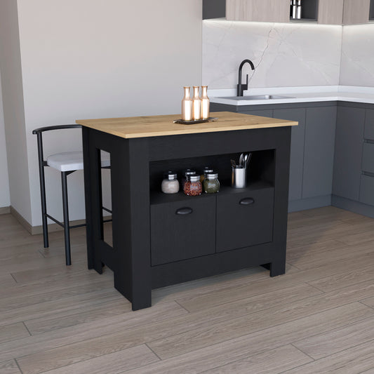 Black kitchen island with oak wood countertop and open shelving holding jars