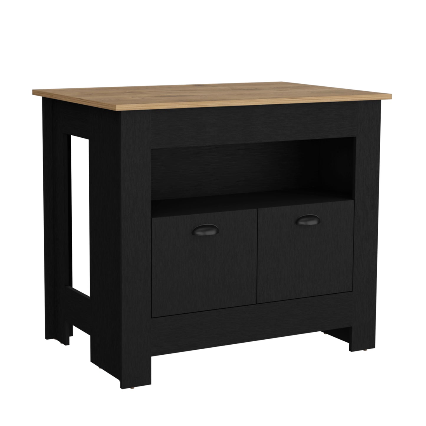 Black wood kitchen island with open shelf and two drawer cabinets