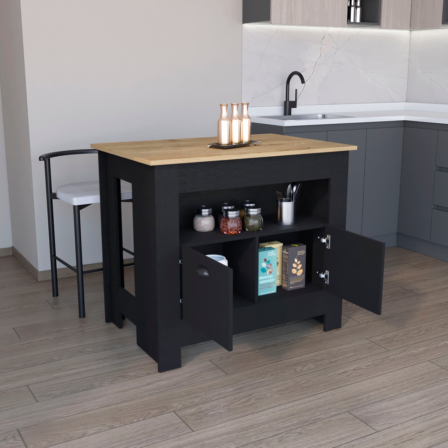 Black kitchen island with natural wood countertop and open shelving