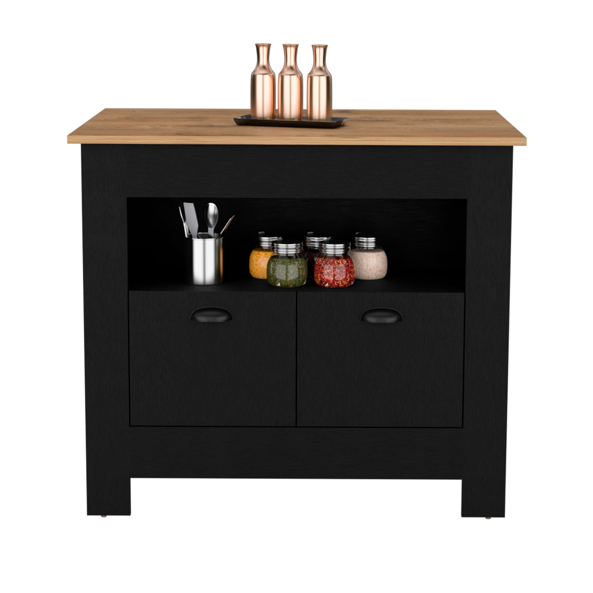 Black kitchen island with wood countertop and spice jars for culinary storage