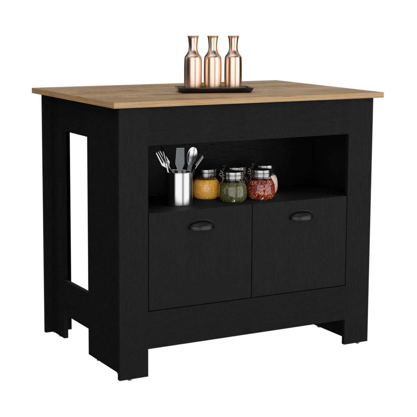 Black kitchen island with light oak top two drawers and open shelf holding utensils and spice jars