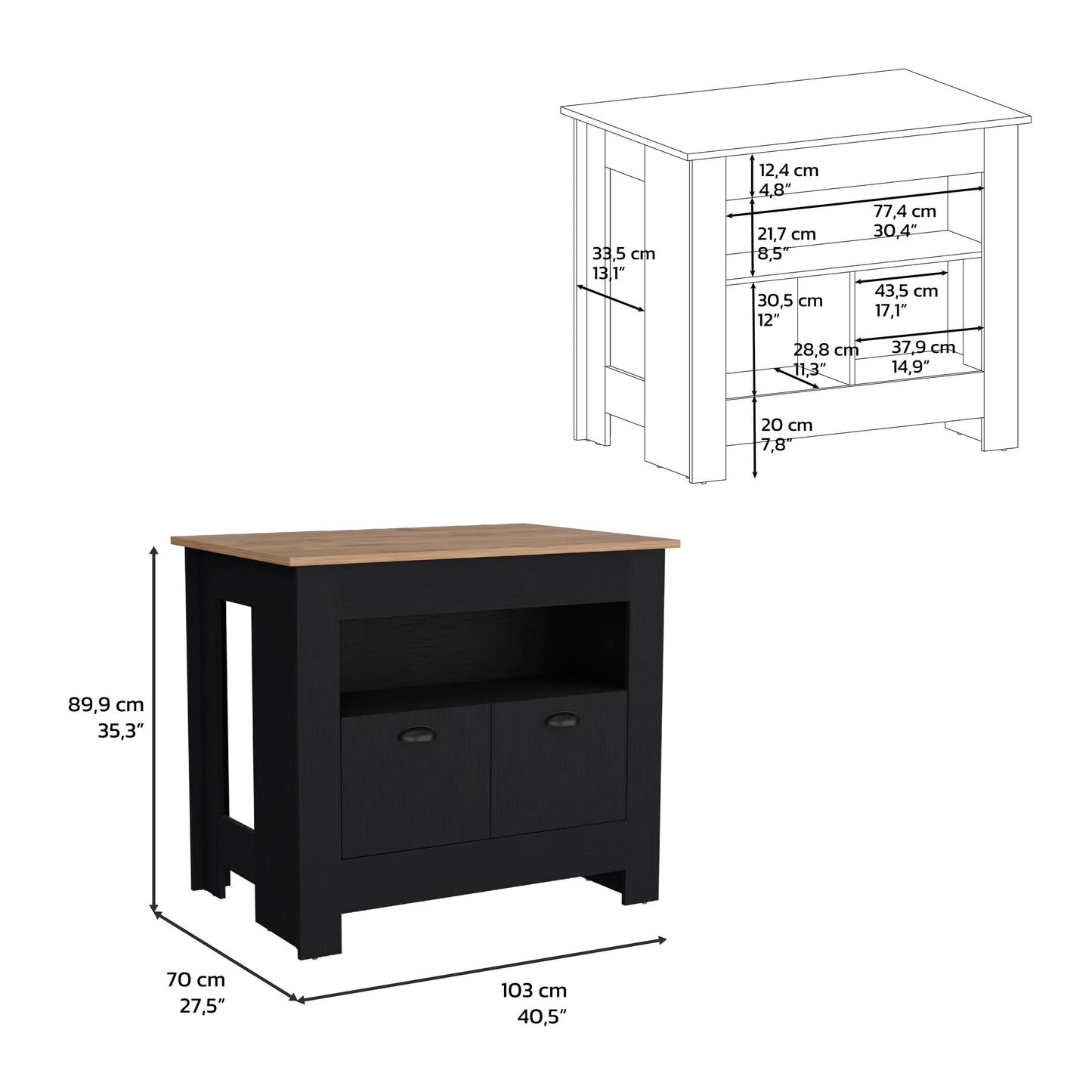 Black and oak sideboard with two drawers and an open shelf for storage
