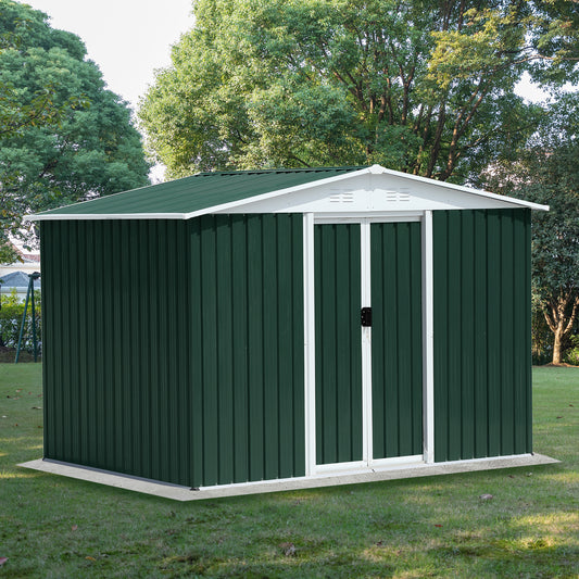 Dark green metal garden shed with white trim and double doors