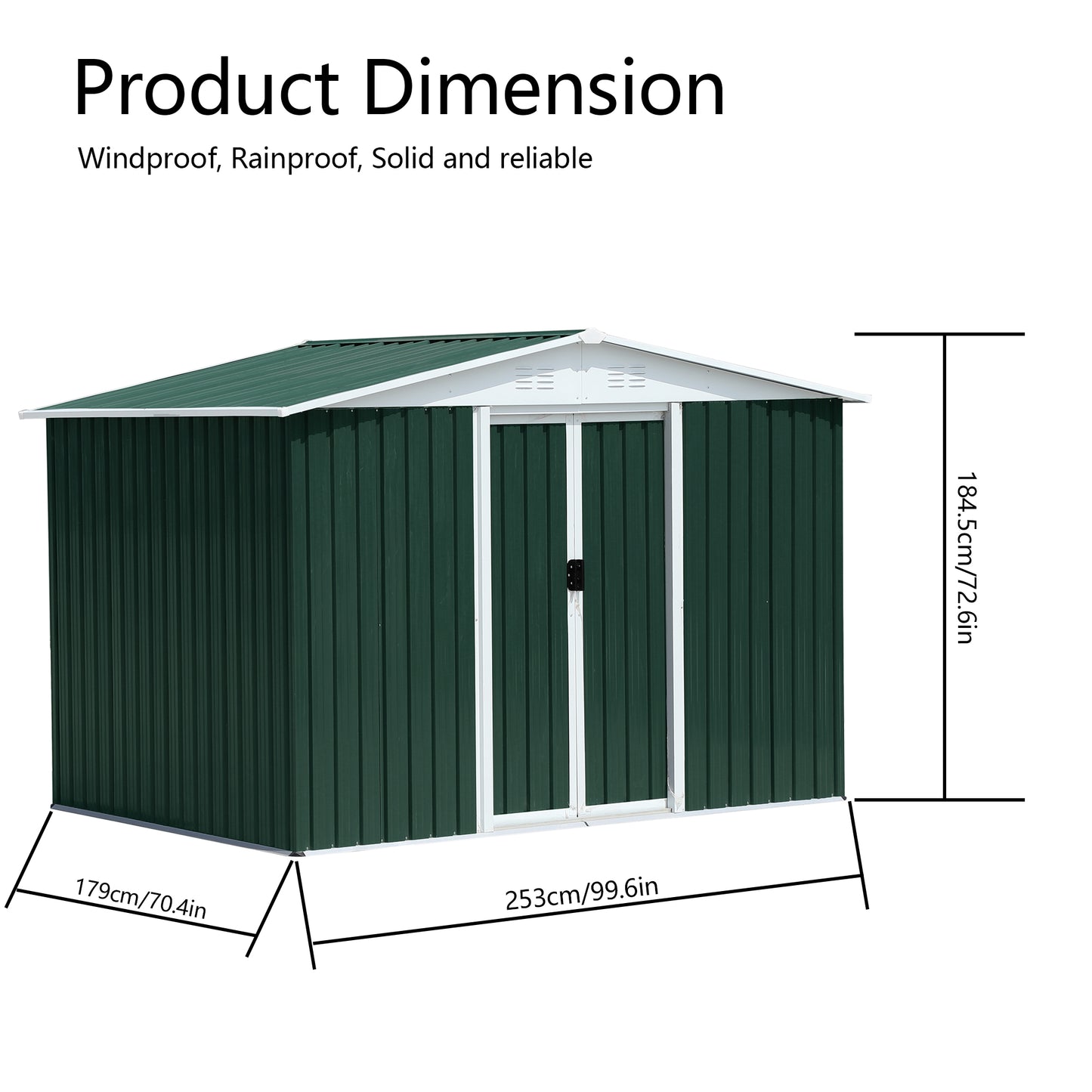 Dark green metal garden shed with white trim and double doors