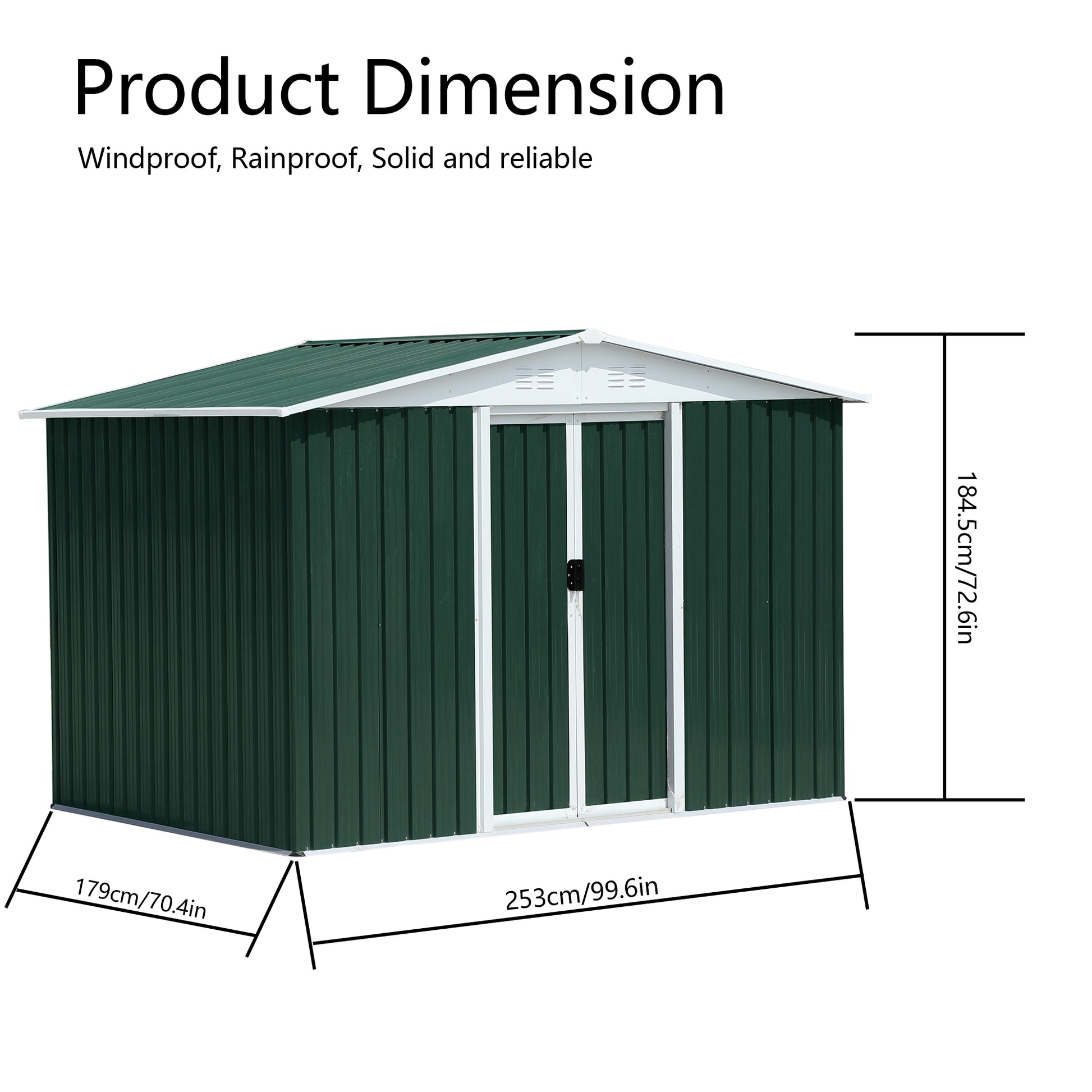 Dark green metal garden shed with white trim and double doors