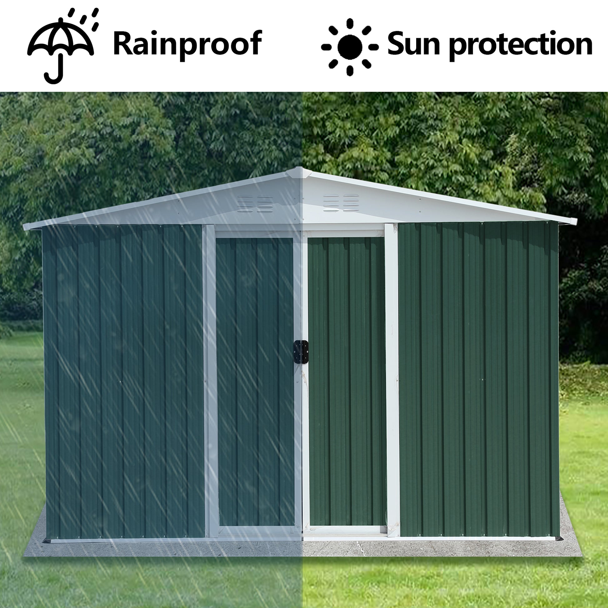 Dark green metal garden shed with double doors and rainproof design