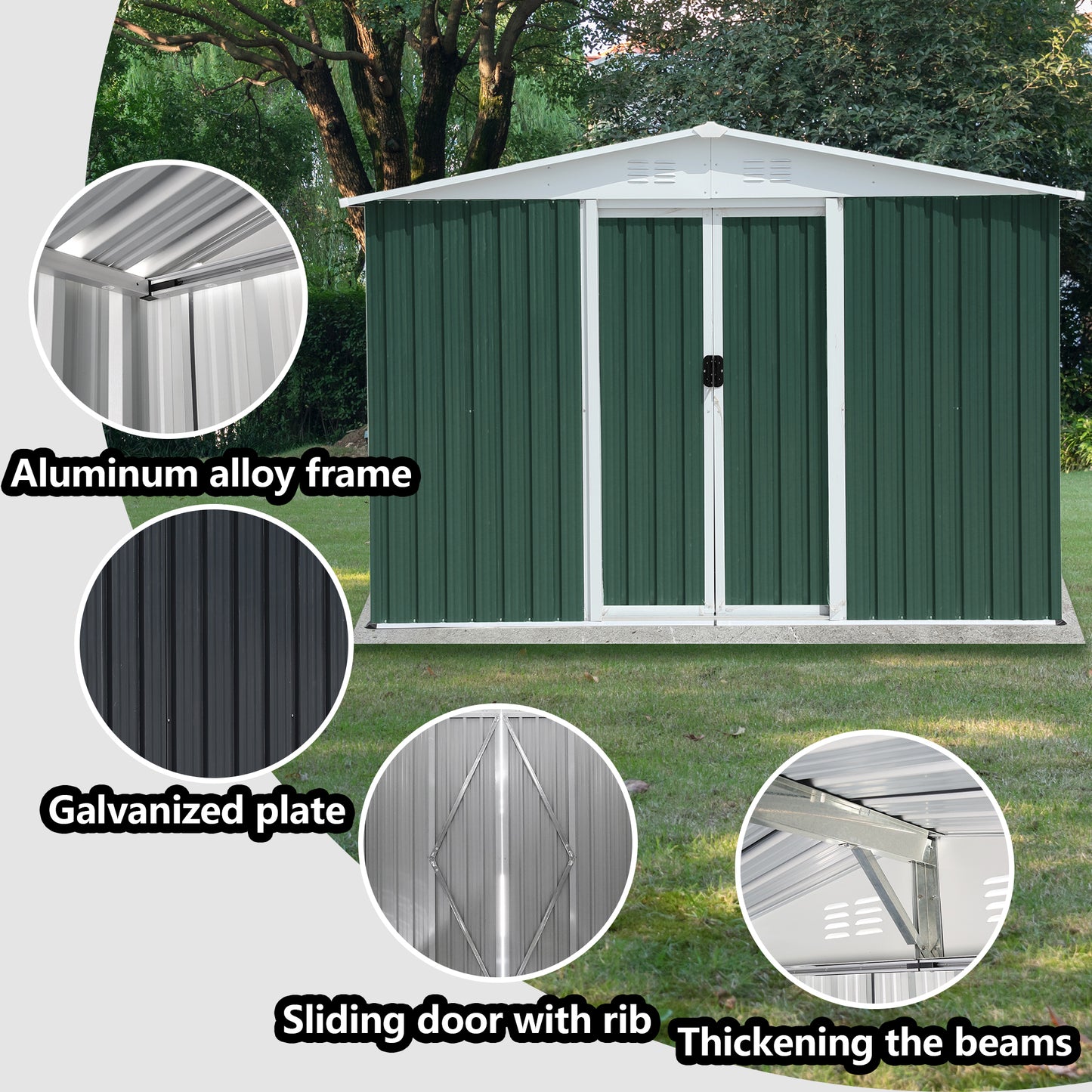 Dark green metal garden shed with white trim and double sliding doors