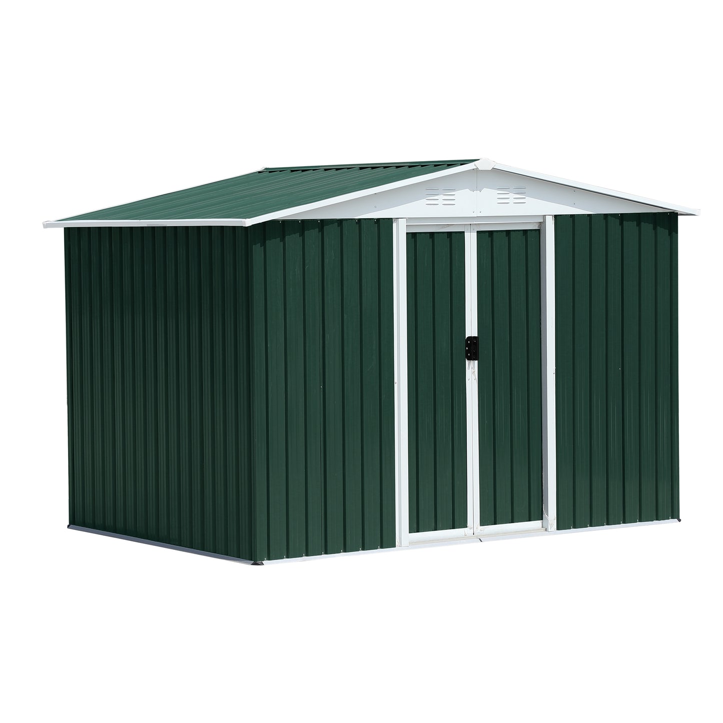 Green metal garden shed with double doors and white trim