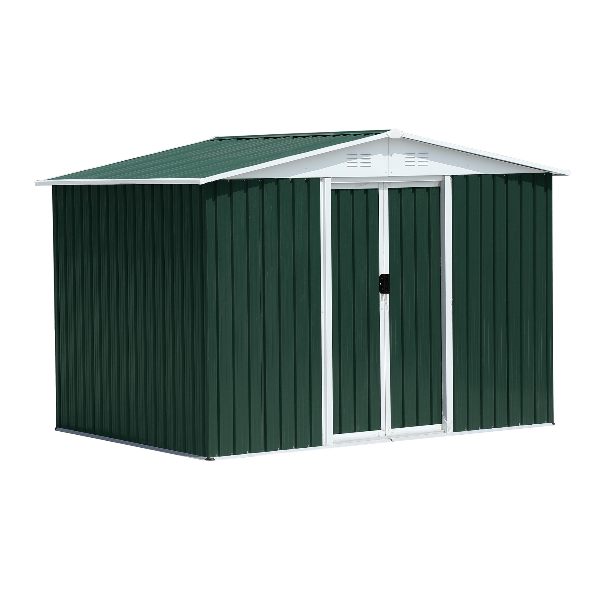 Green metal garden shed with double doors and white trim