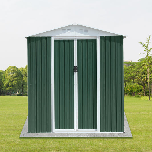 Green metal garden shed with double doors outdoor storage solution