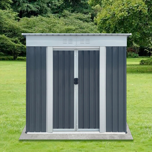Dark gray metal storage shed with double doors and ventilation perfect for garden equipment