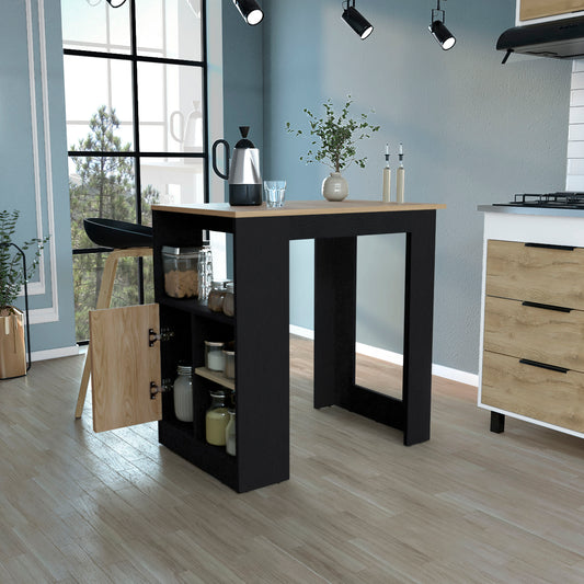 Compact black kitchen island with open shelving and a wood countertop