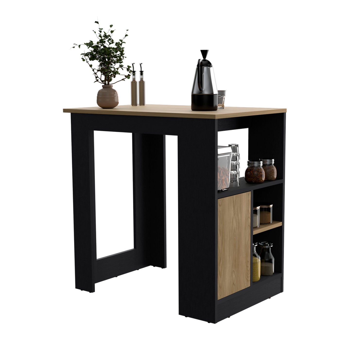 Modern black and oak breakfast bar with shelving