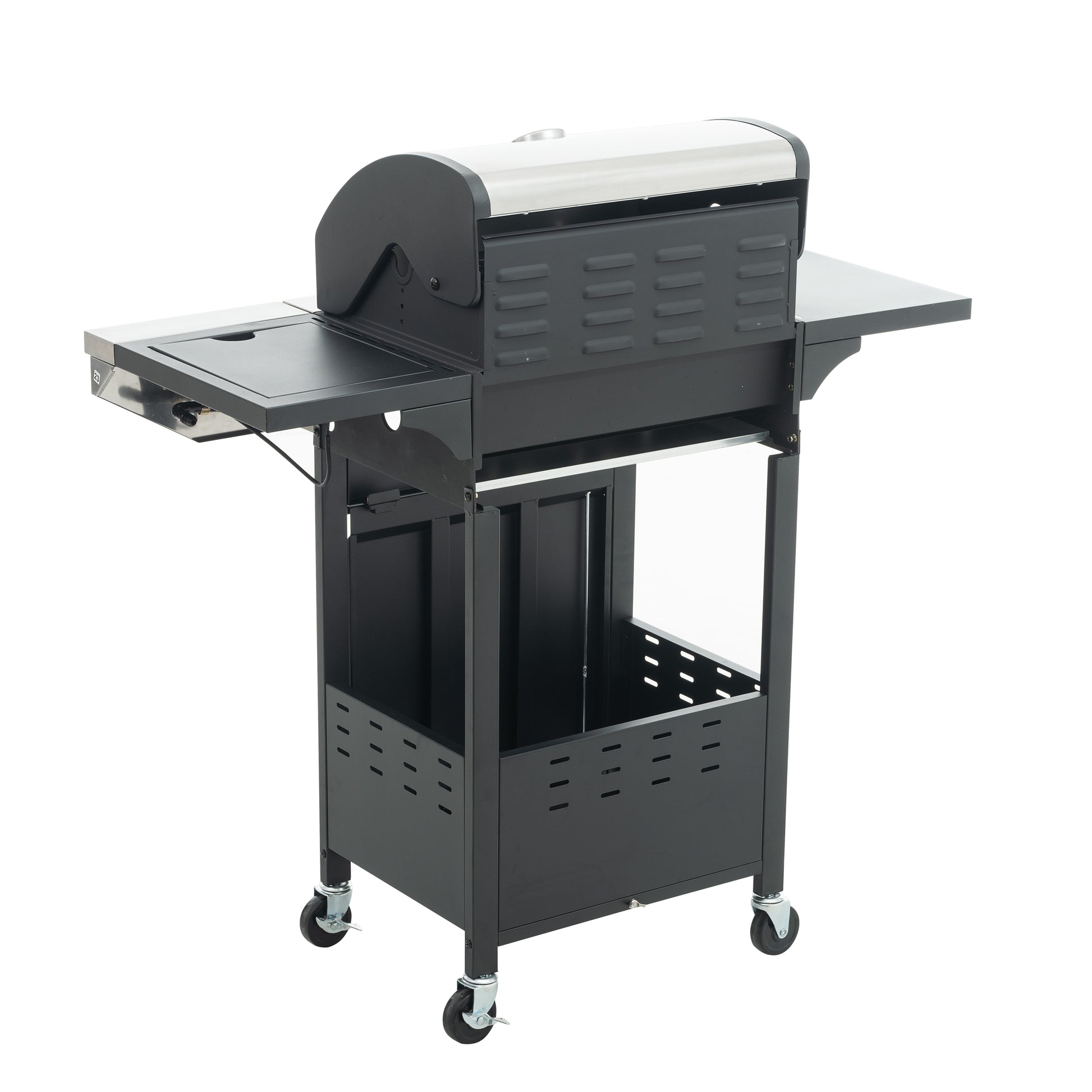 Black metal gas grill with stainless steel lid and side shelves
