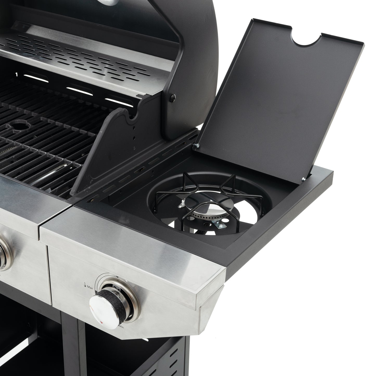 Open stainless steel gas grill with side burner and detailed control knobs