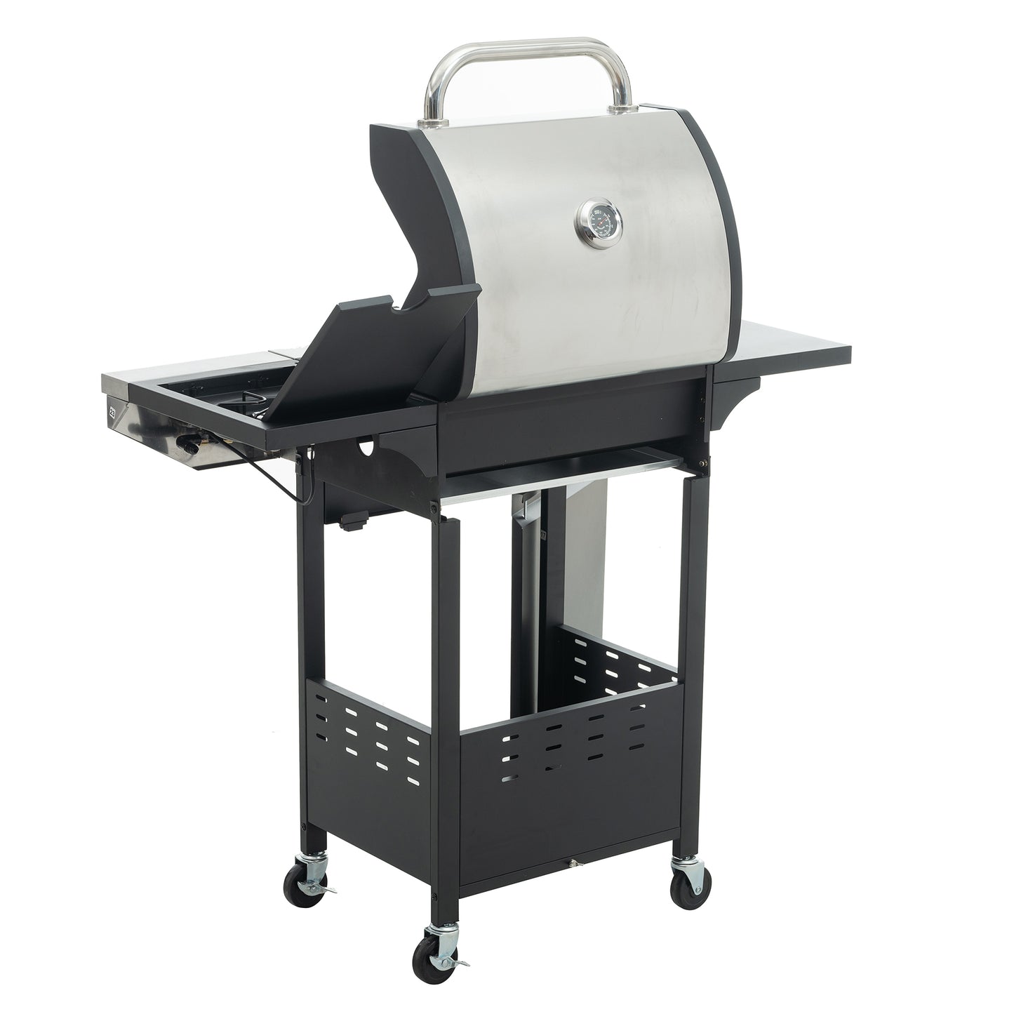 Stainless steel gas grill with side burner and thermometer perfect for outdoor cooking