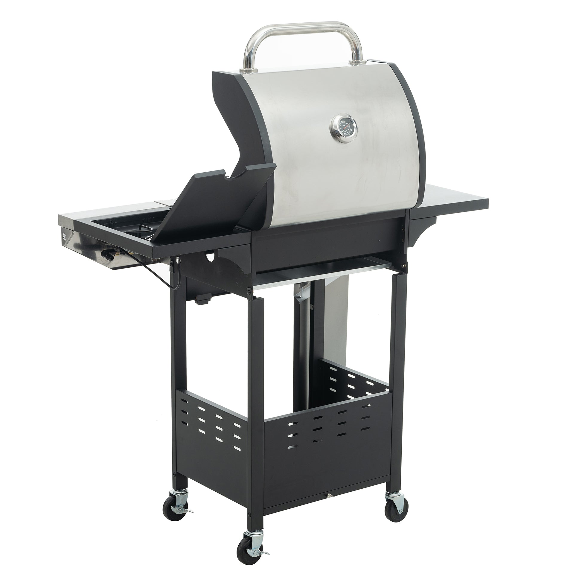 Stainless steel gas grill with side burner and thermometer perfect for outdoor cooking