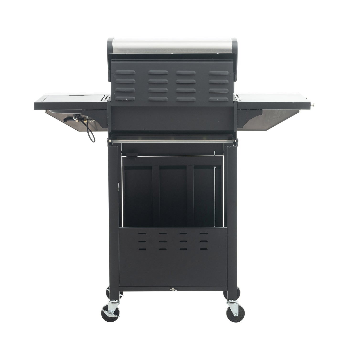 Black stainless steel propane grill with side shelves and storage cabinet