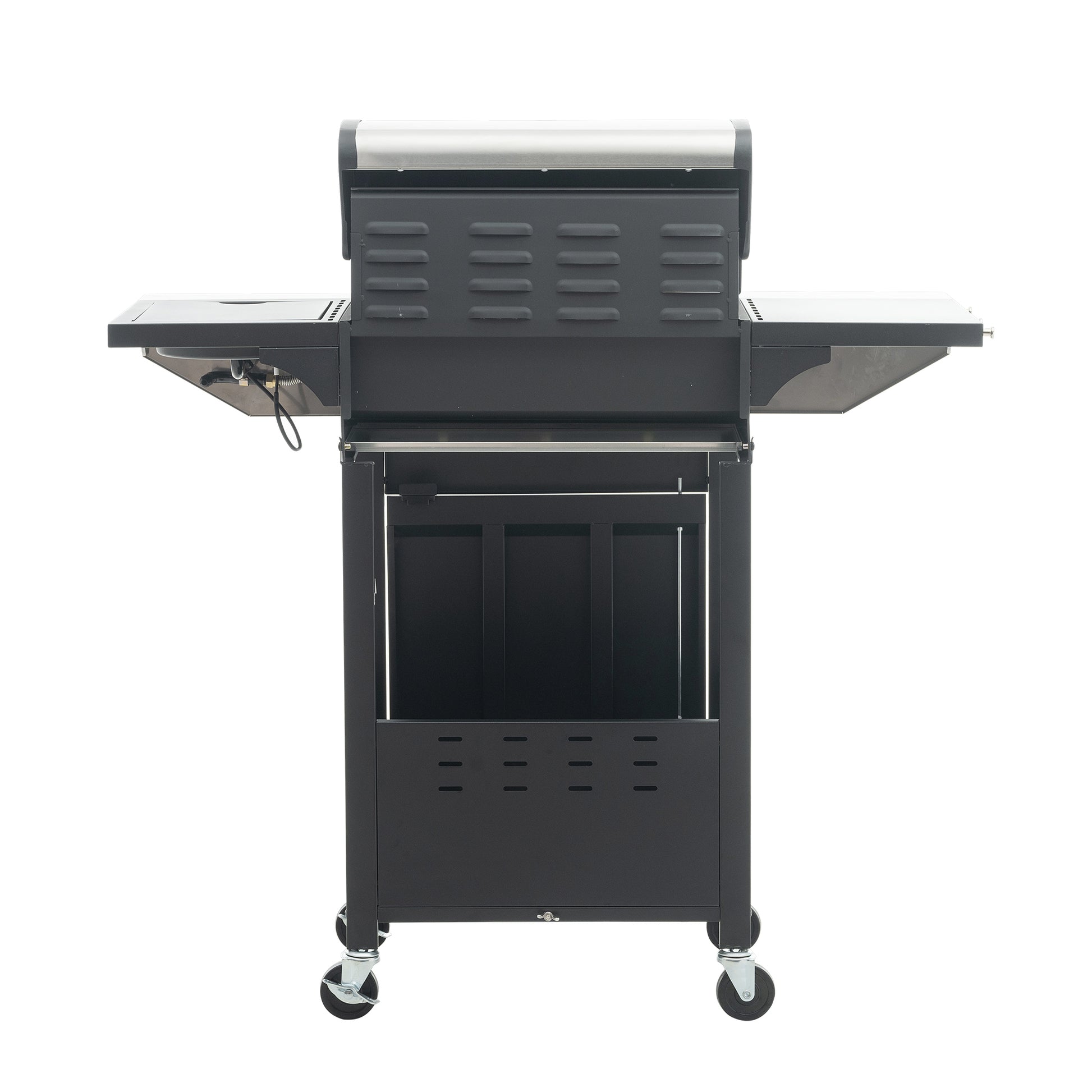 Black stainless steel propane grill with side shelves and storage cabinet