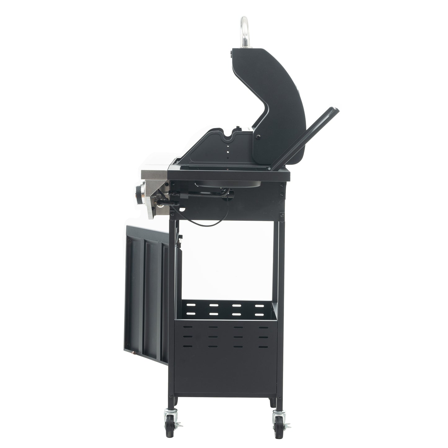 Black stainless steel gas grill with lid open side view