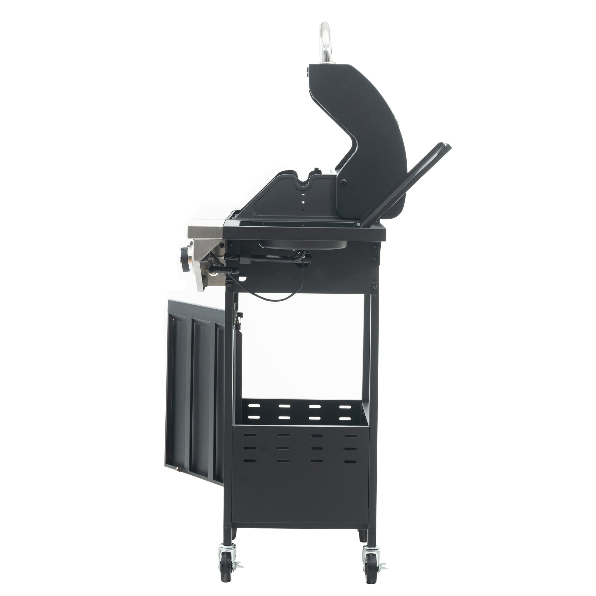 Black stainless steel gas grill with lid open side view