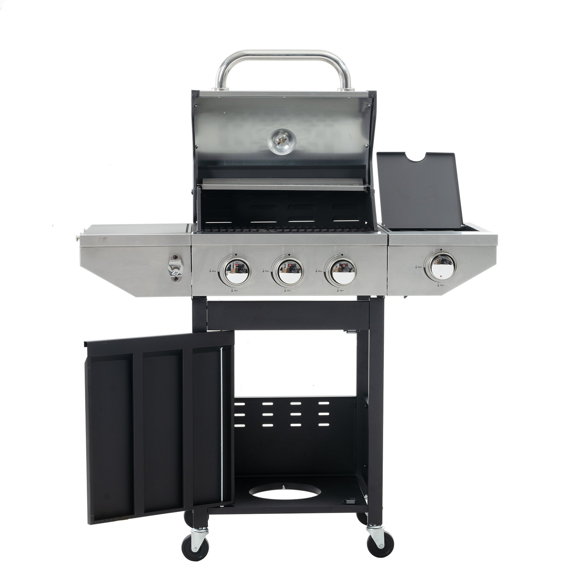 Stainless steel gas grill with four burners and black cabinet ideal for outdoor cooking