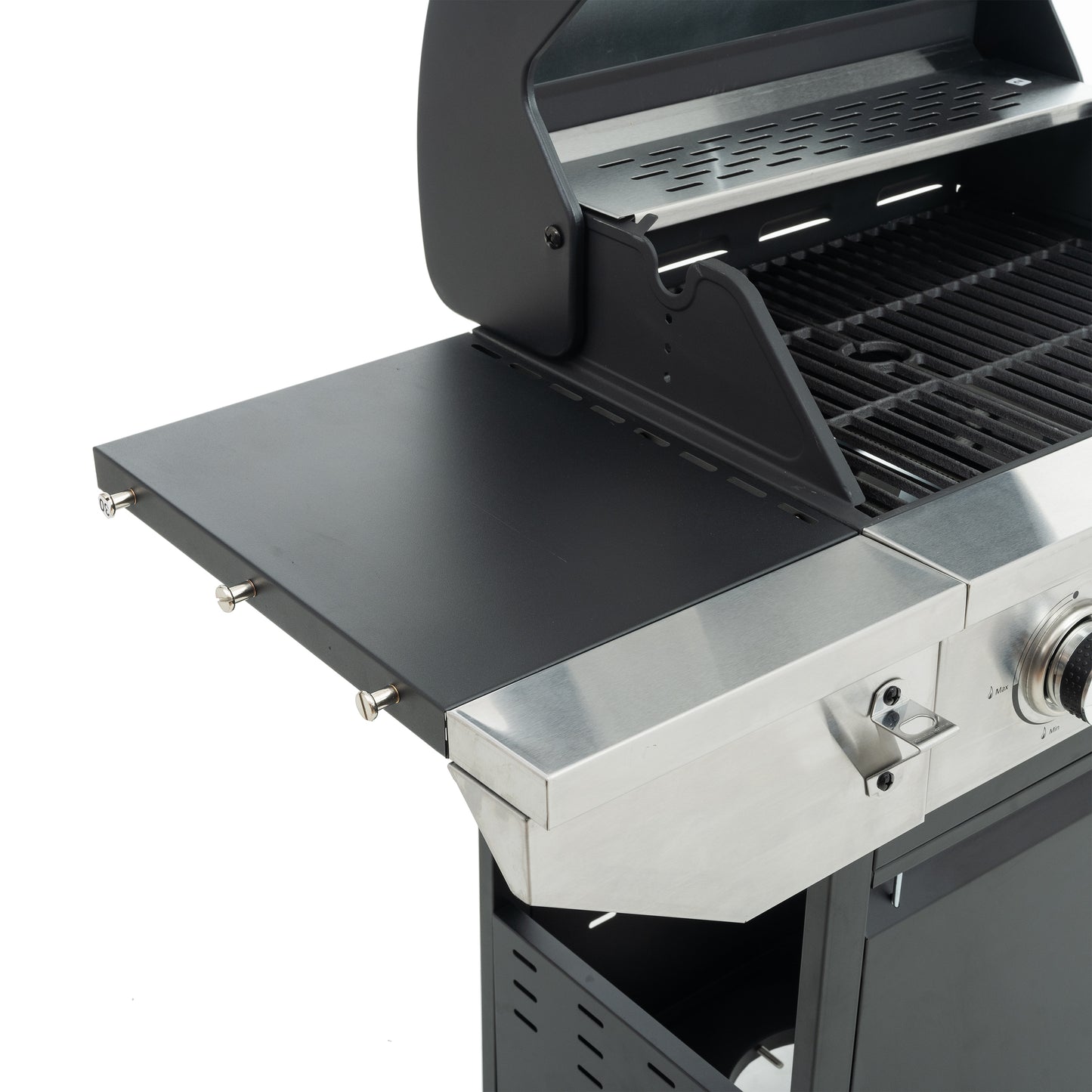 Black stainless steel BBQ grill with side table perfect for outdoor cooking