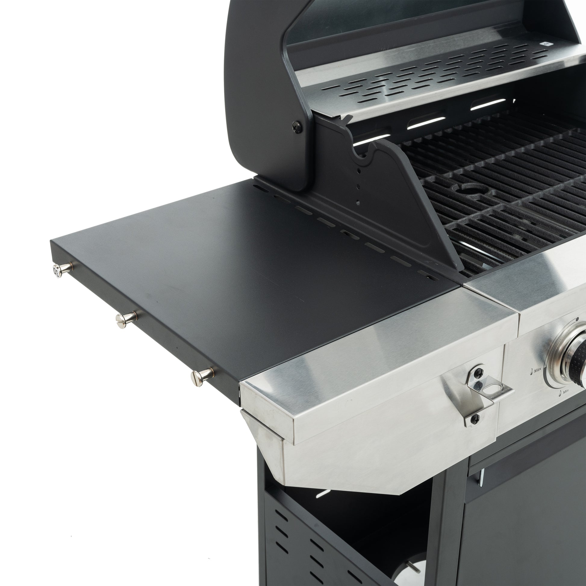 Black stainless steel BBQ grill with side table perfect for outdoor cooking