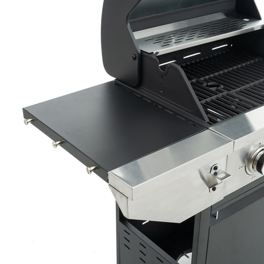 Black stainless steel BBQ grill with side table perfect for outdoor cooking