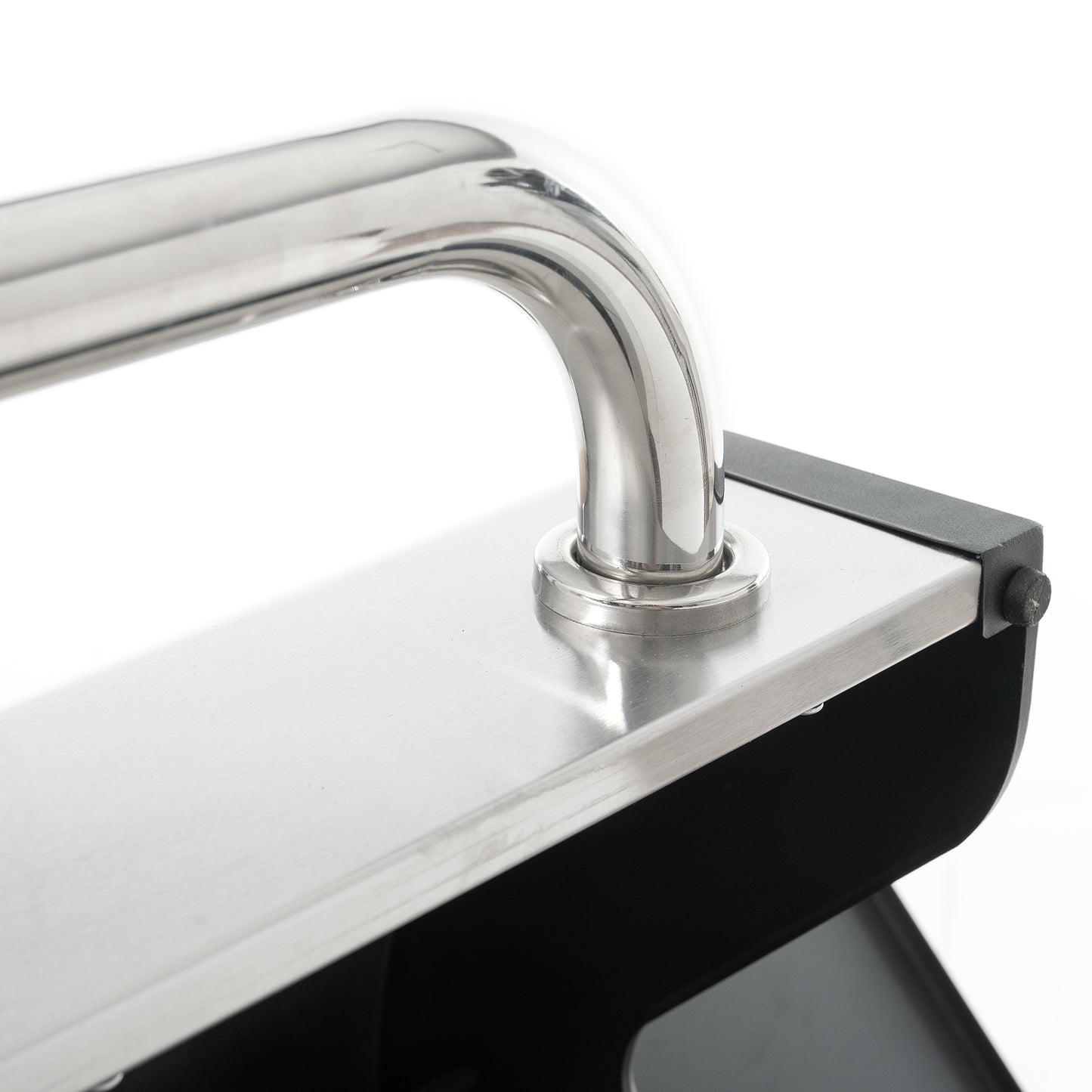 Curved polished chrome handle with brushed stainless steel base perfect for modern furniture