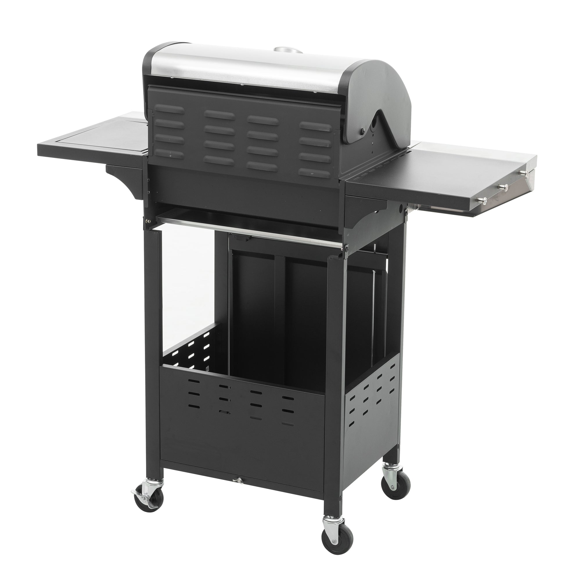 Black stainless steel gas grill with side shelves and locking casters for outdoor cooking