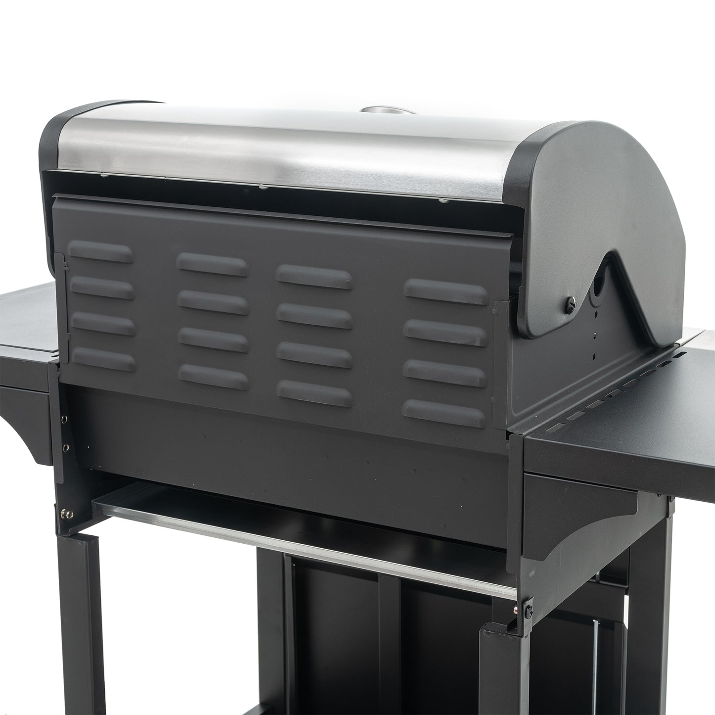 Black stainless steel gas grill with side shelves perfect for outdoor cooking