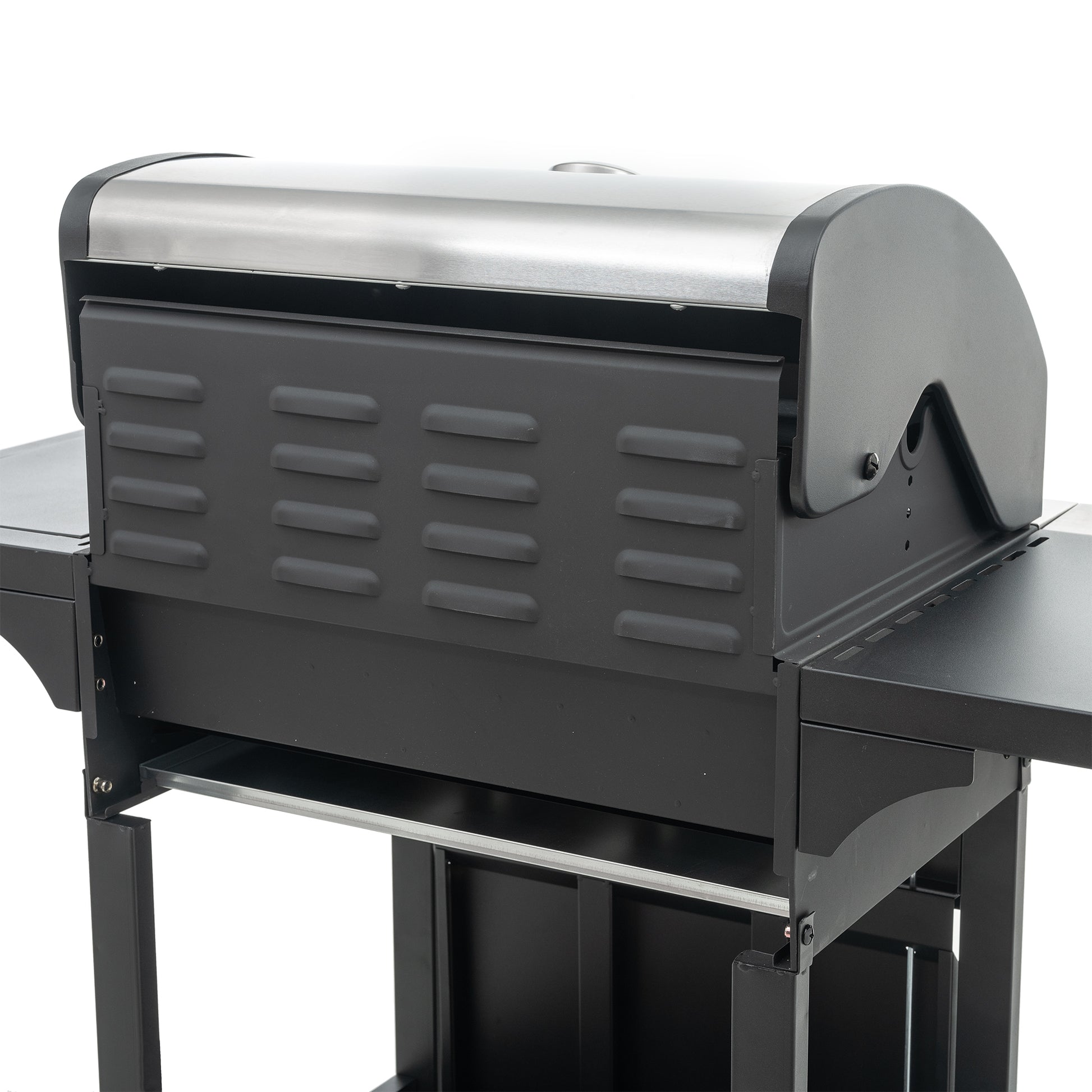Black stainless steel gas grill with side shelves perfect for outdoor cooking