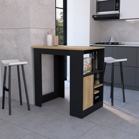 Modern black and wood kitchen island with integrated storage shelves
