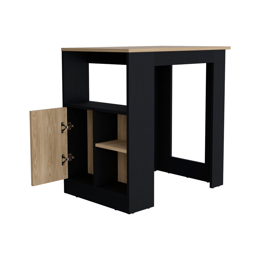 Black and wood tone bar table with open cabinet door and shelving