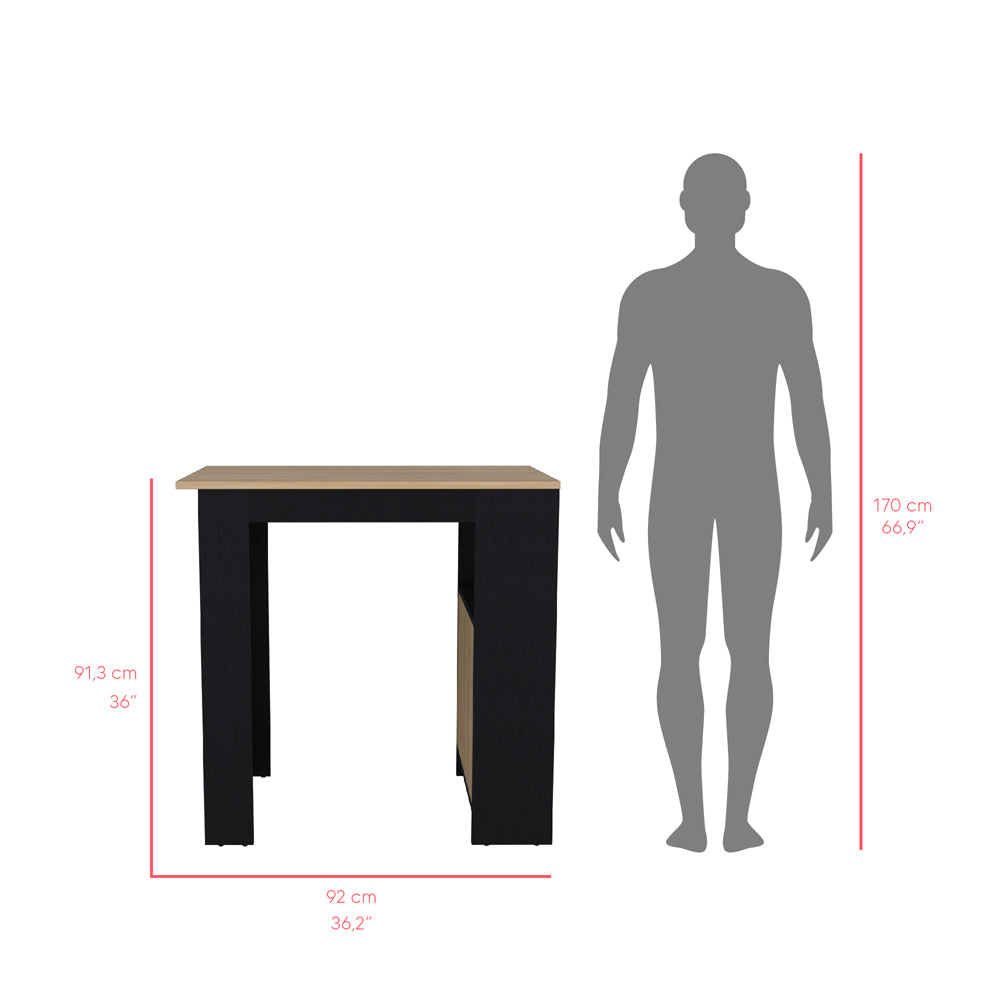 Modern black and oak high table with scale figure for size comparison