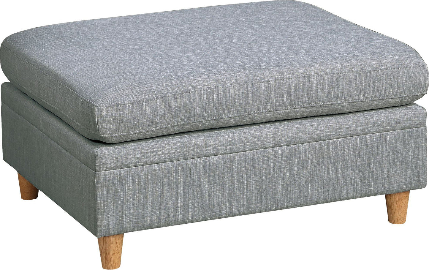 Grey fabric storage ottoman with tufted lifttop and wooden legs for living room comfort