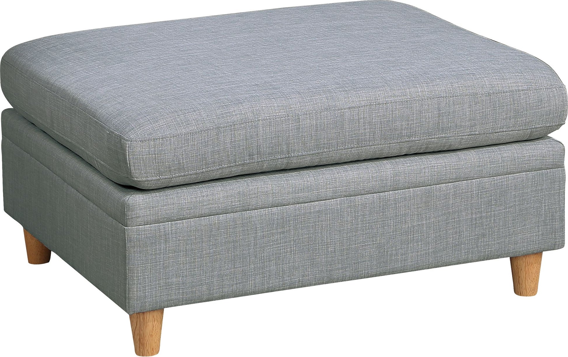 Grey fabric storage ottoman with tufted lifttop and wooden legs for living room comfort