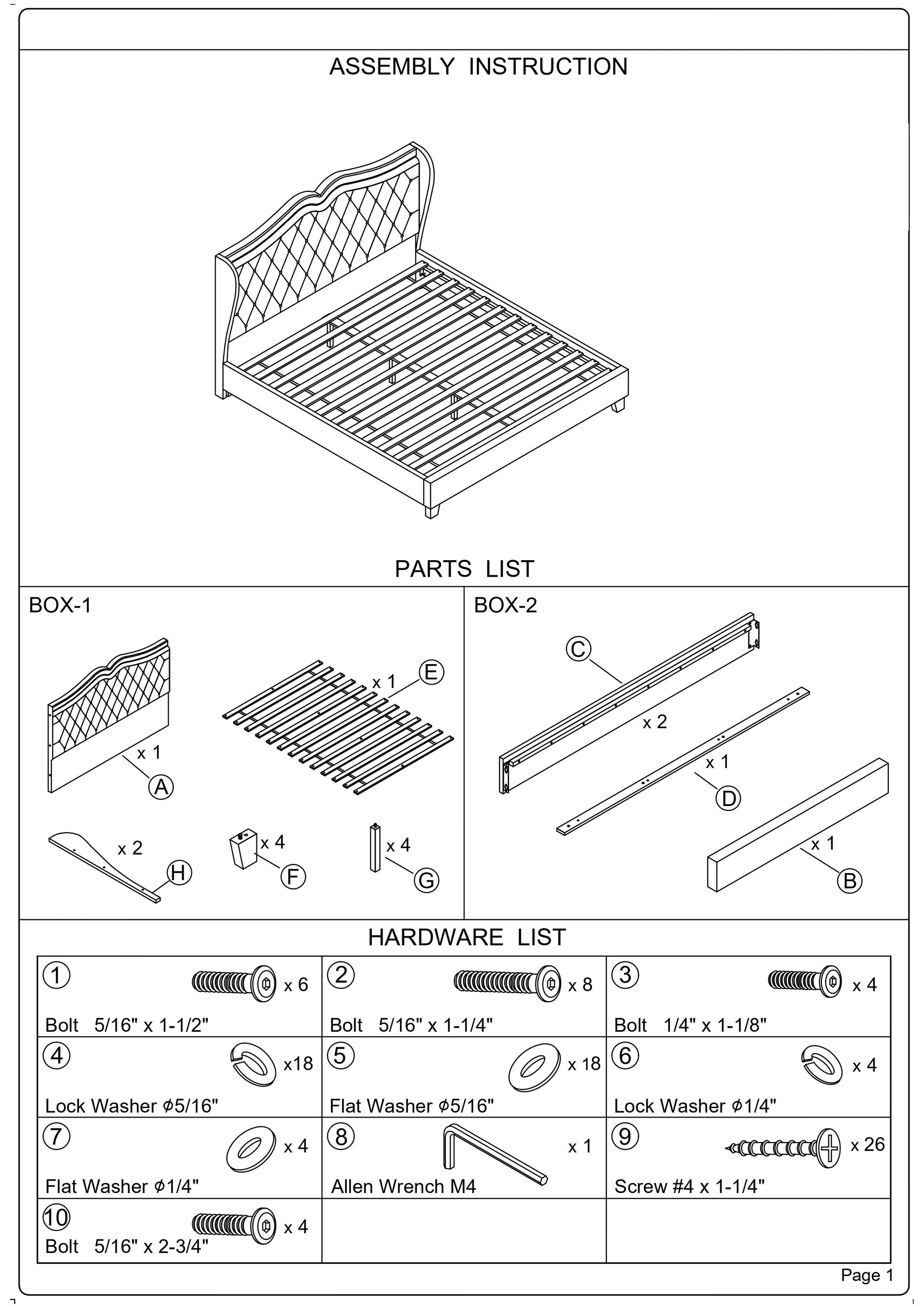 Diagram showing upholstered headboard frame parts and hardware for assembling a bed