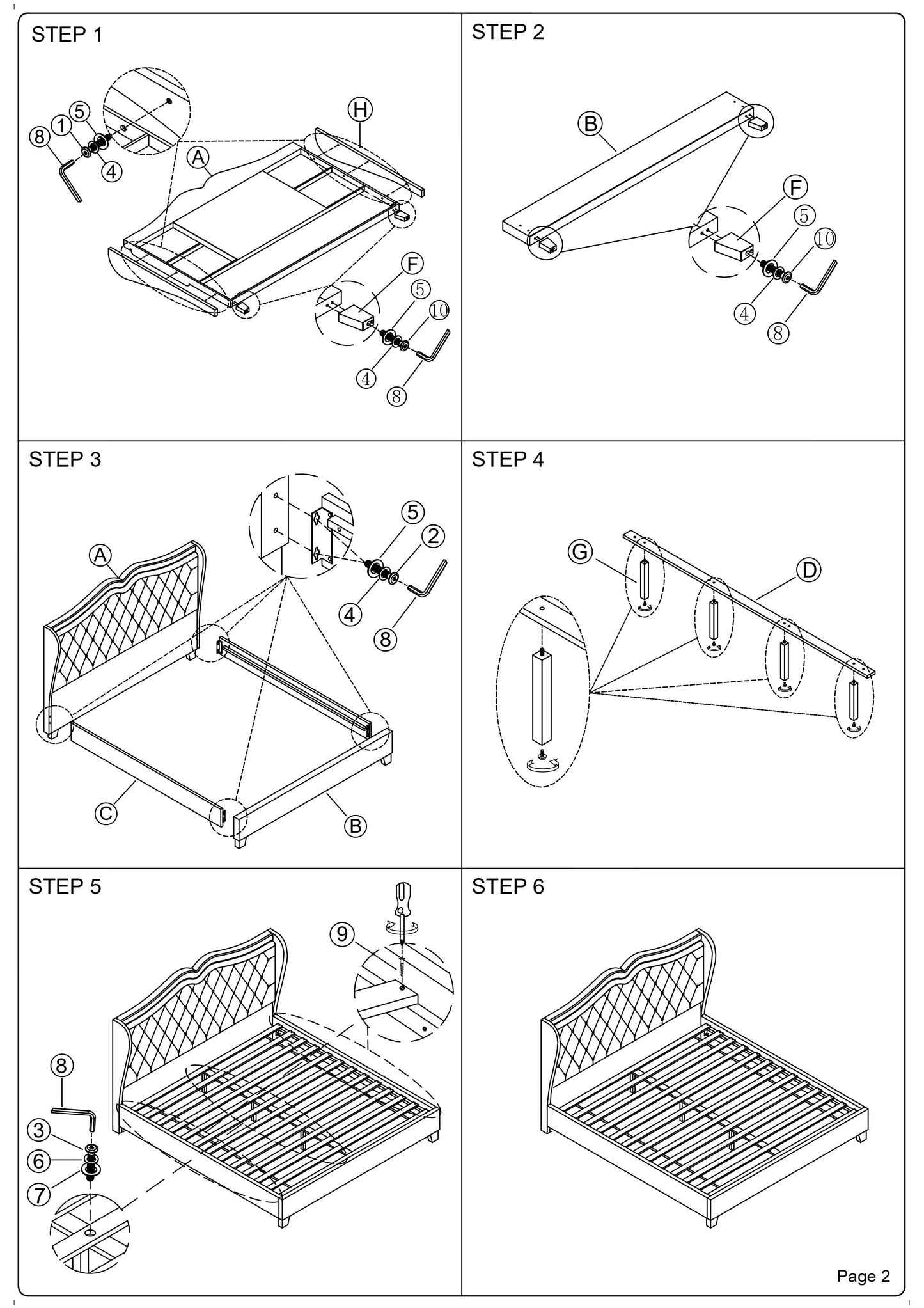 Diagram showing step  of assembling a bed frame with hardware