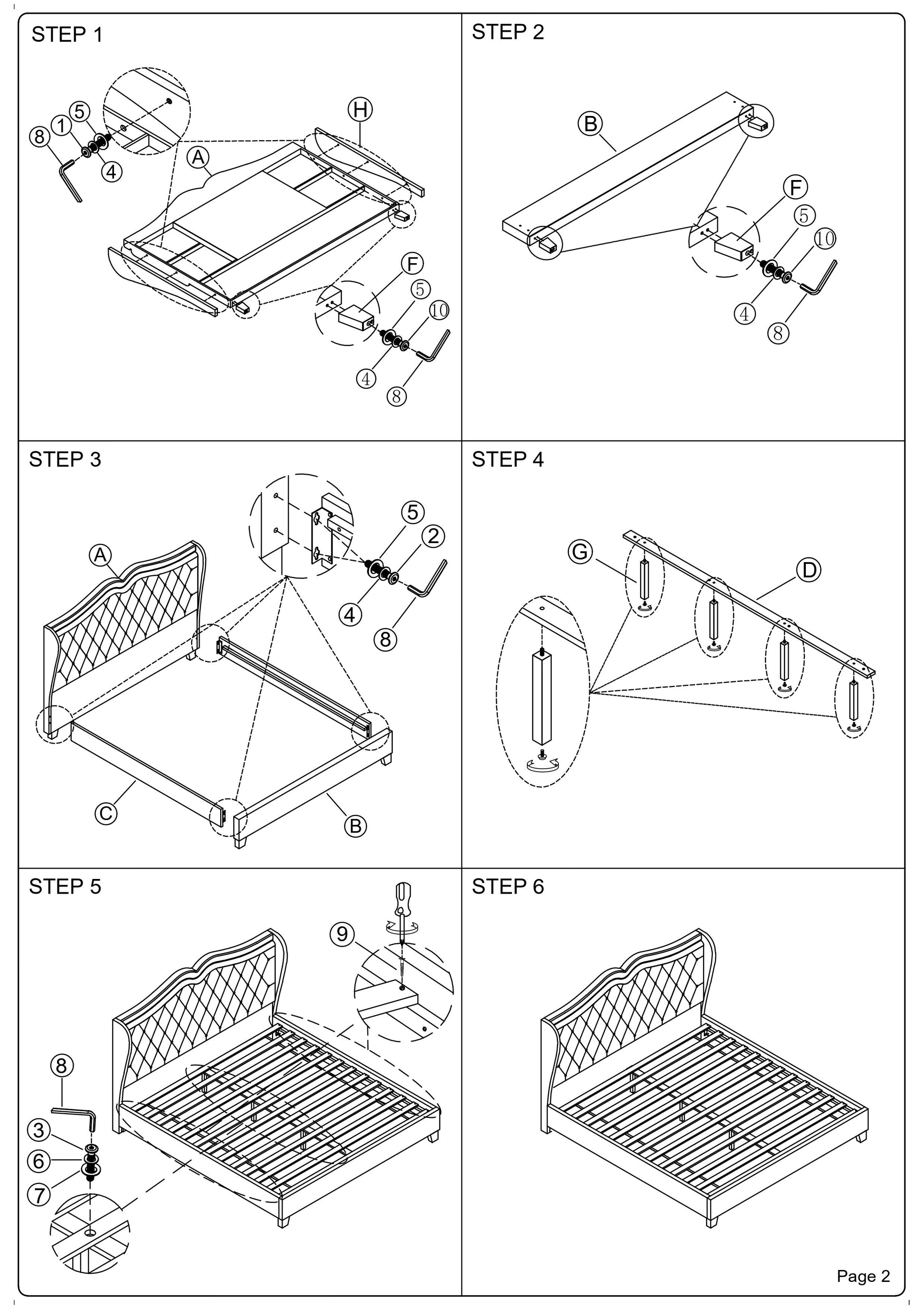 Diagram showing step  of assembling a bed frame with hardware