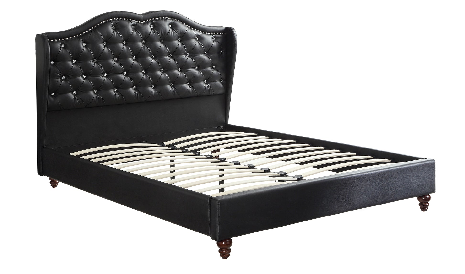 Black leather tufted bed frame with crystal accents and wooden slats