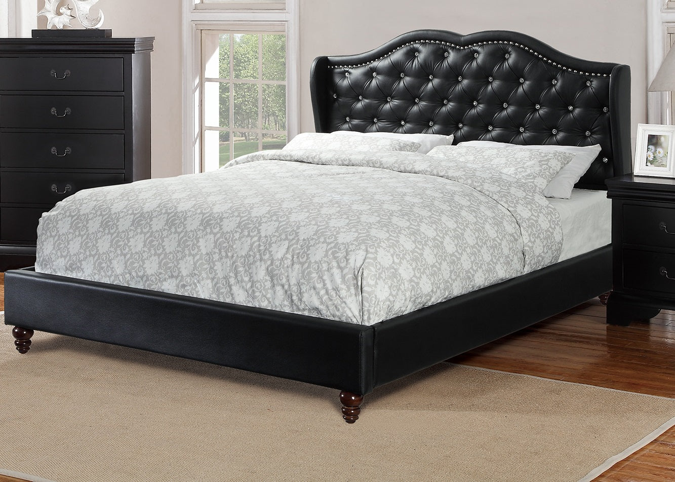 Black tufted wingback bed frame with crystal accents and ornate wooden feet